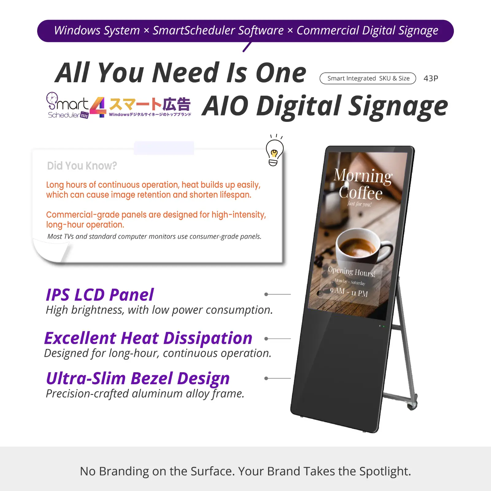 All You Need Is One AIO Digital Signage, IPS LCD Panel, Ultra-Slim Bezel Design, Excellent Heat Dissipation