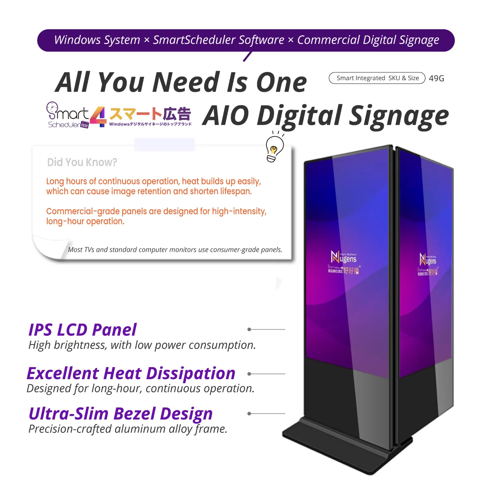 All You Need Is One AIO Digital Signage, IPS LCD Panel, Ultra-Slim Bezel Design, Excellent Heat Dissipation