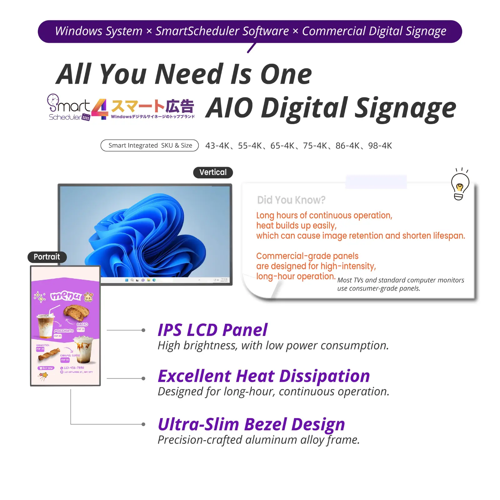 All You Need Is One AIO Digital Signage, IPS LCD Panel, Ultra-Slim Bezel Design, Excellent Heat Dissipation