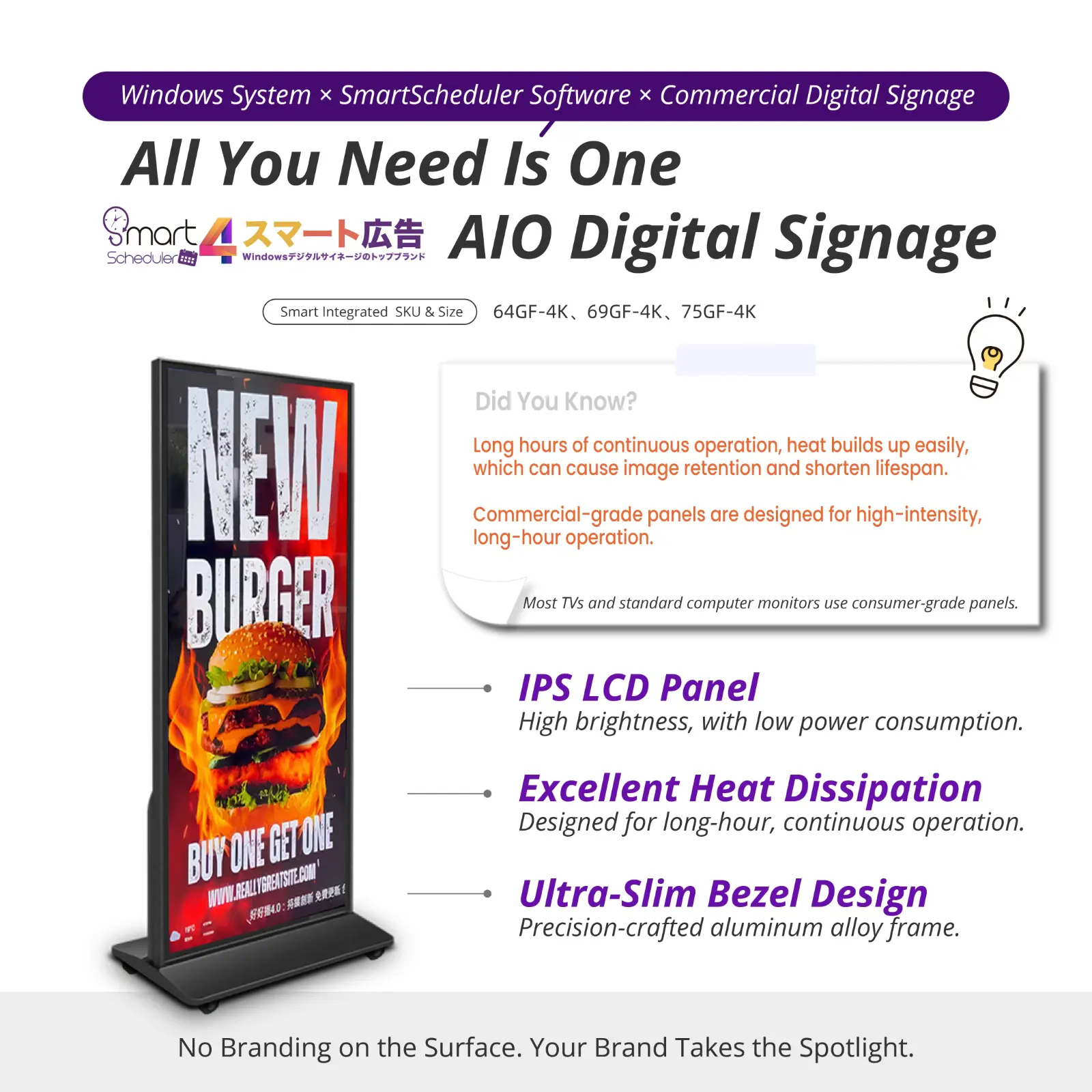 All You Need Is One AIO Digital Signage, IPS LCD Panel, Ultra-Slim Bezel Design, Excellent Heat Dissipation