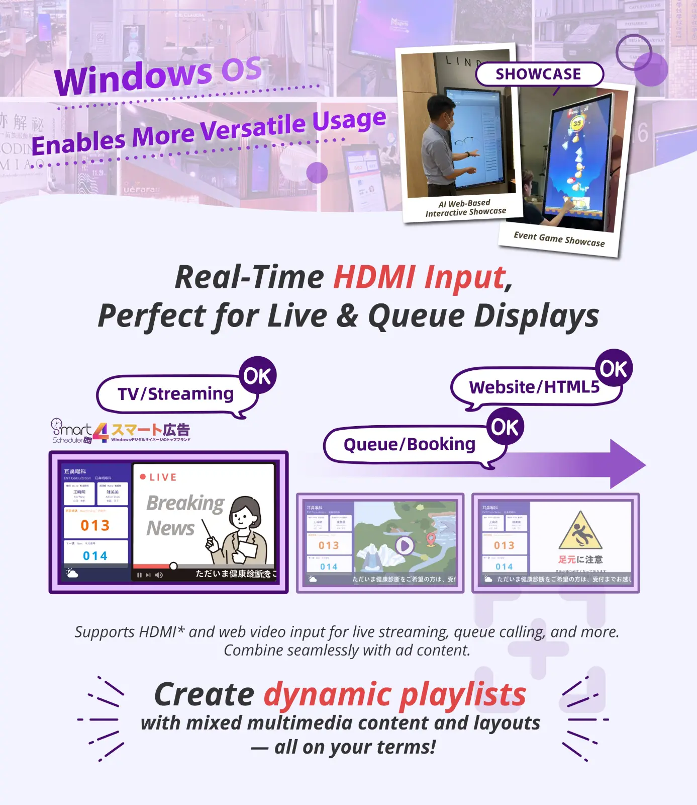 Real-Time HDMI Input, Perfect for Live & Queue Displays, Create dynamic playlists