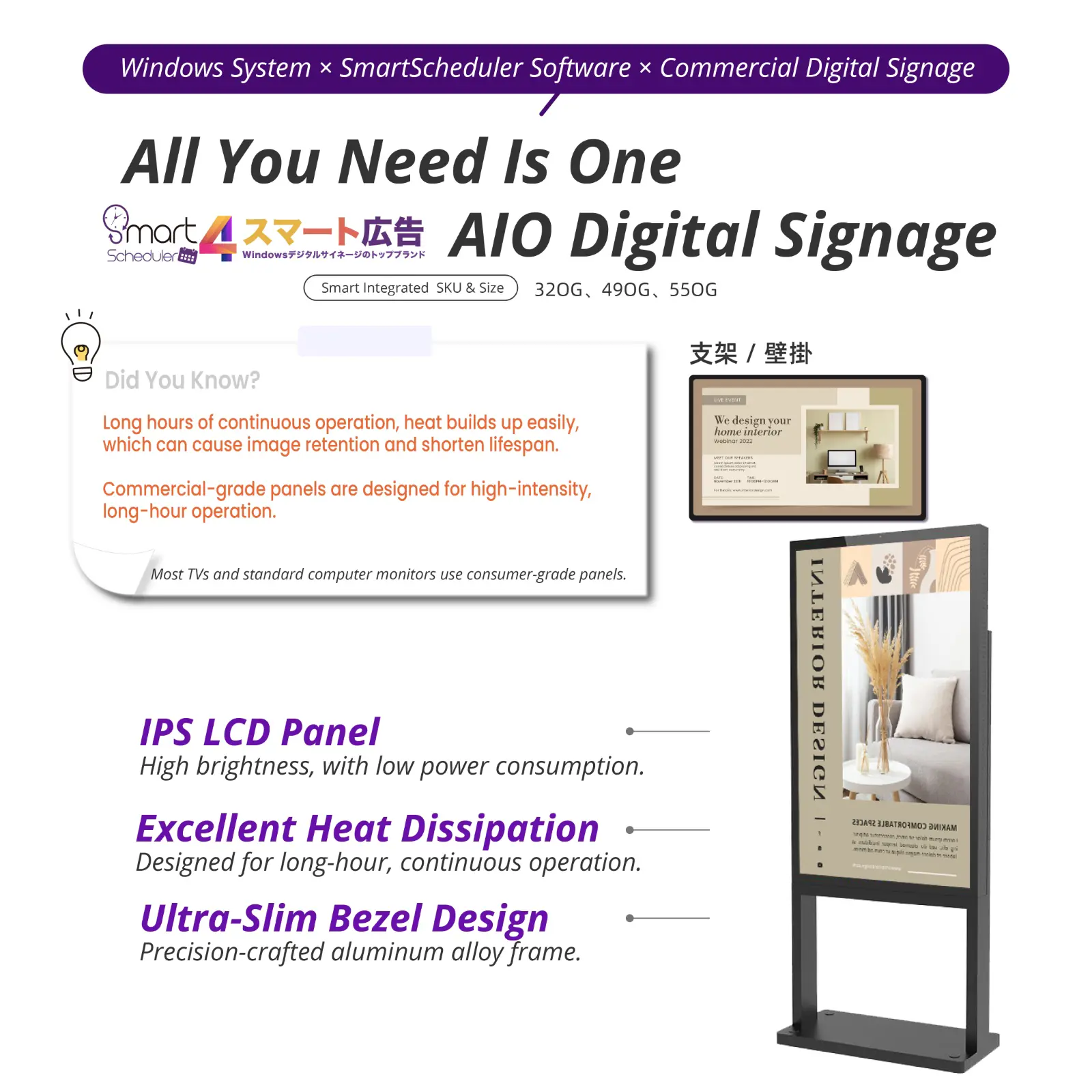All You Need Is One AIO Digital Signage, IPS LCD Panel, Ultra-Slim Bezel Design, Excellent Heat Dissipation