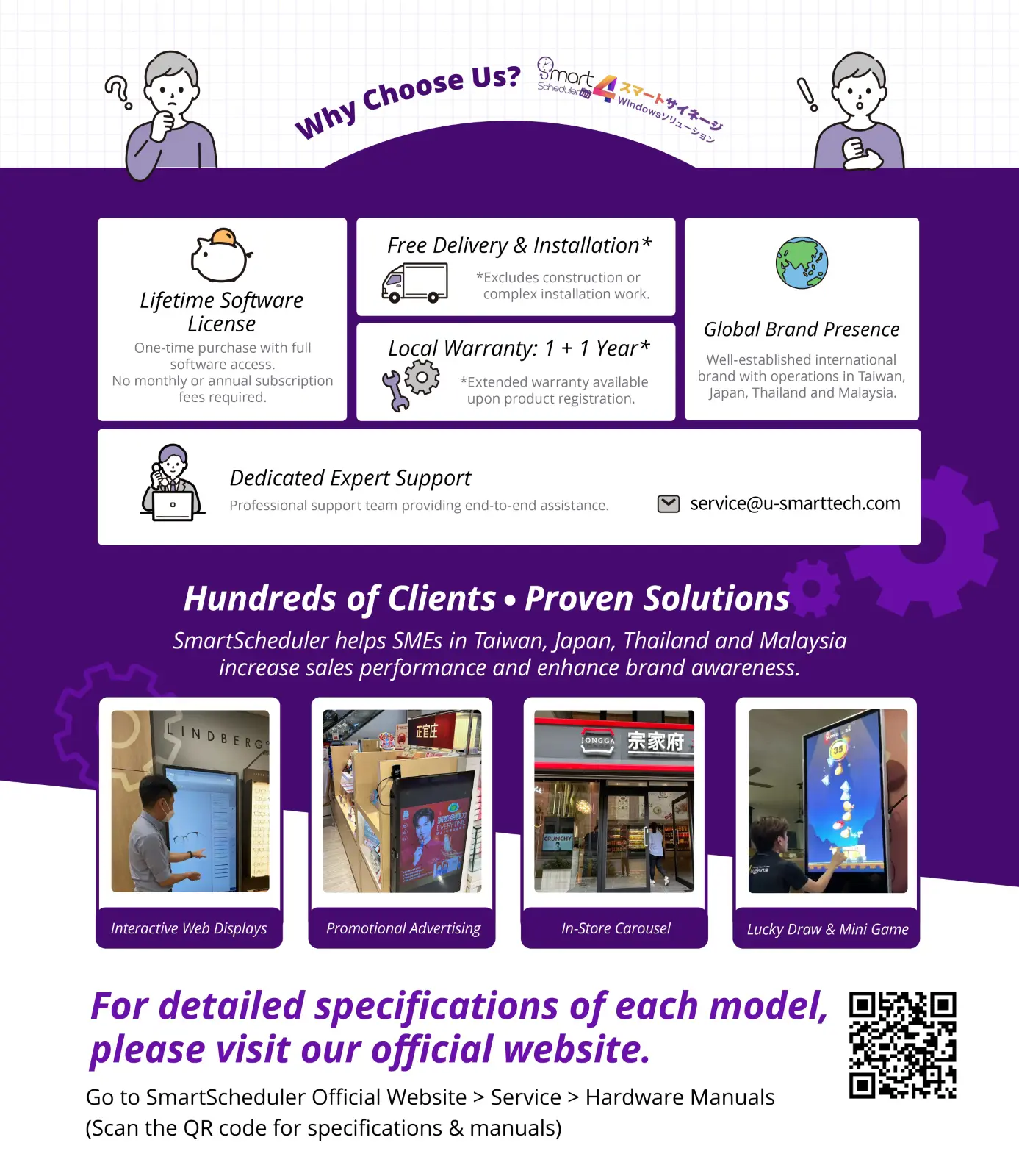 Hundreds of Clients Proven Solutions, SmartScheduler helps SMEs in Taiwan, Japan, Thailand and Malaysia increase sales performance and enhance brand awareness.