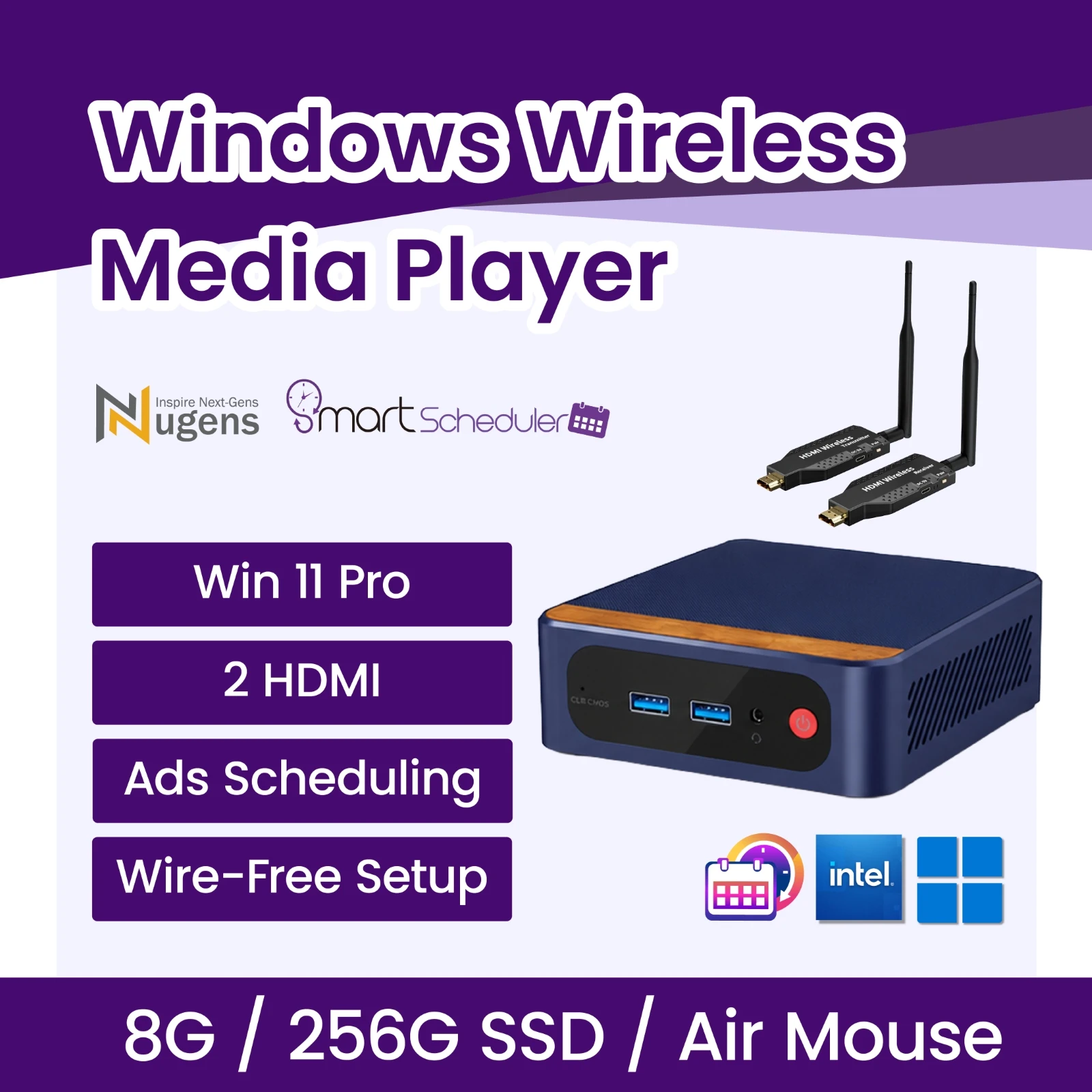 Nugens Windows Wireless Media Player for digital signage, Windows 11 Pro with dual HDMI, ads scheduling and wire-free setup, 8G RAM / 256G SSD / Air Mouse