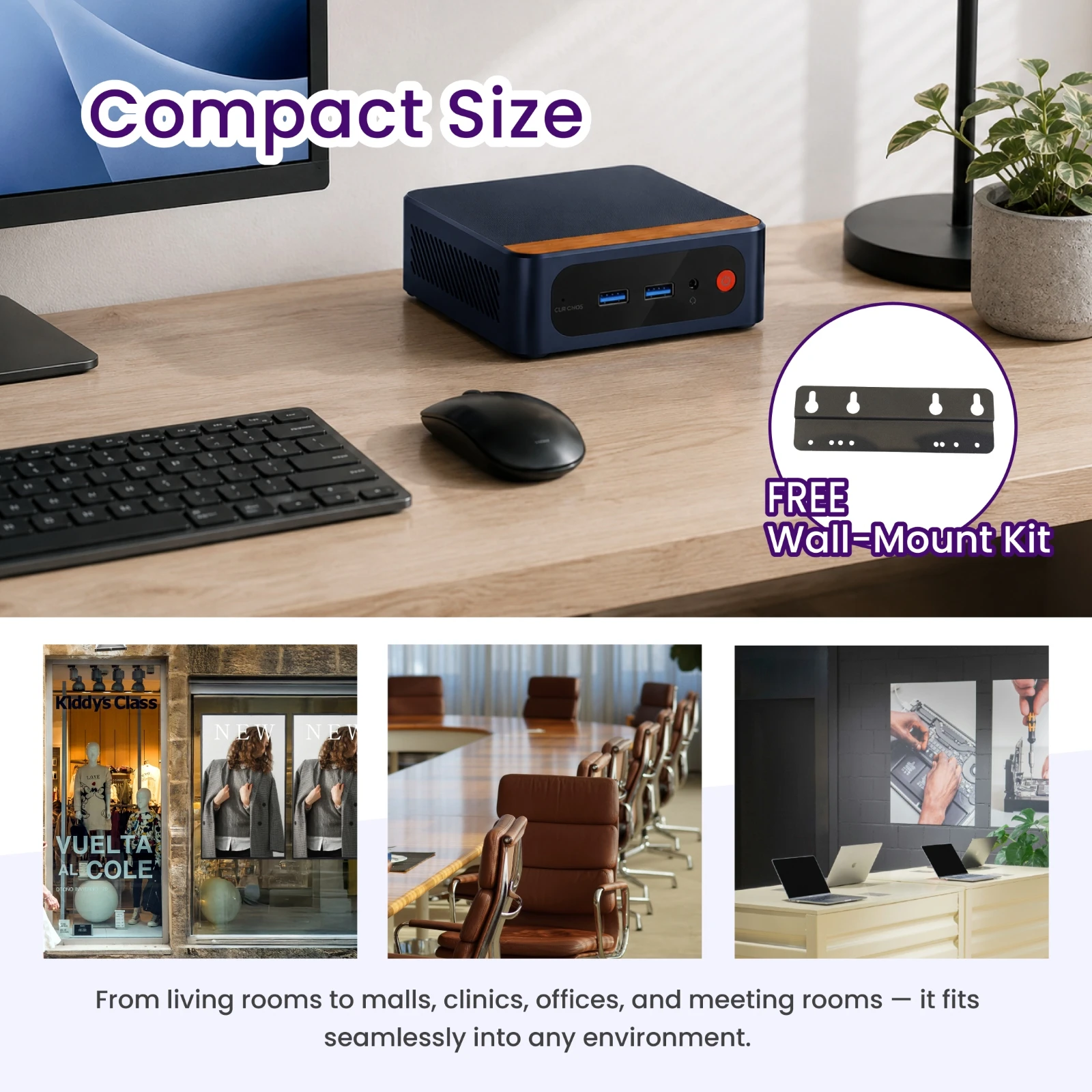 Compact mini PC with free wall-mount kit, suited to shops, malls, clinics, offices and meeting rooms