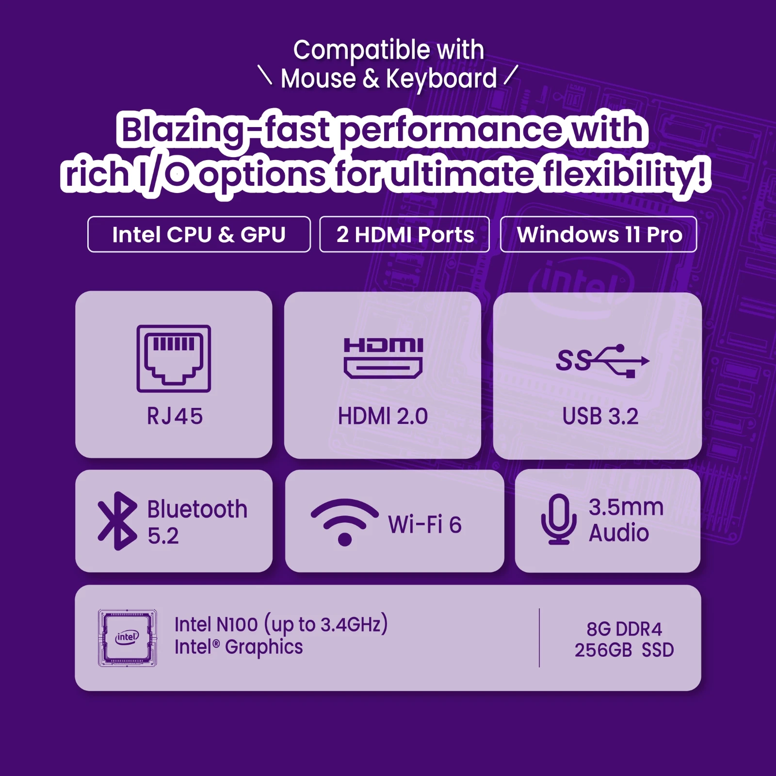 Intel N100 CPU and Intel Graphics with rich I/O: RJ45, HDMI 2.0, USB 3.2, Bluetooth 5.2, Wi-Fi 6 and Windows 11 Pro