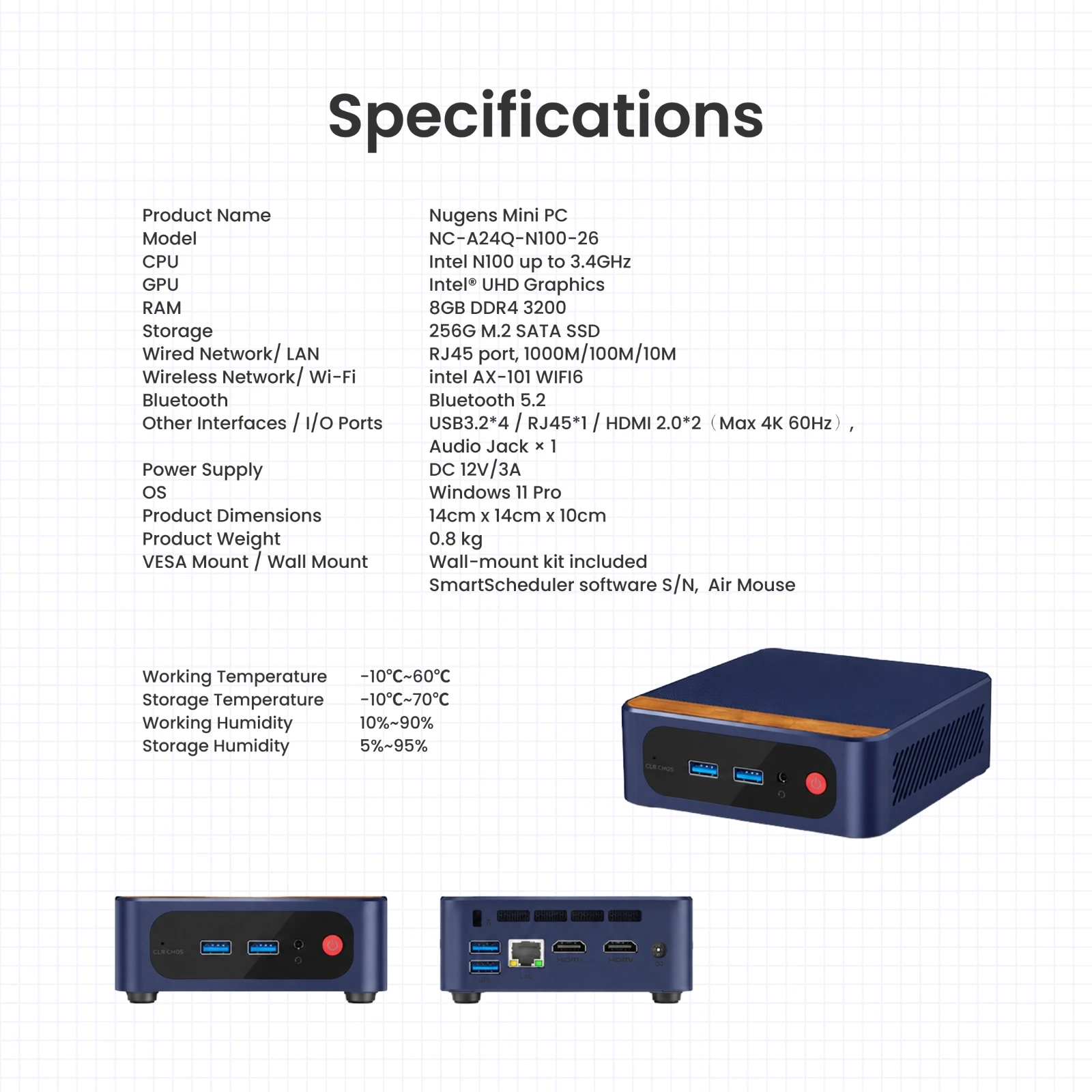 Specifications of the Nugens Mini PC NC-A24Q-N100-26: Intel N100, 8GB DDR4, 256G M.2 SSD, 14 x 14 x 10 cm, 0.8 kg