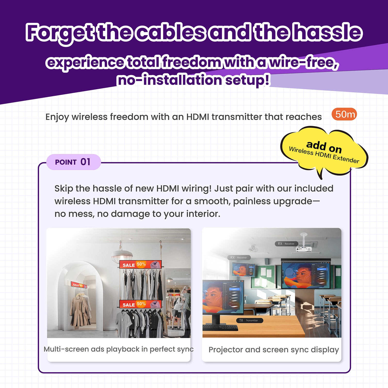 Wire-free installation using the included wireless HDMI transmitter with a range of up to 50 m