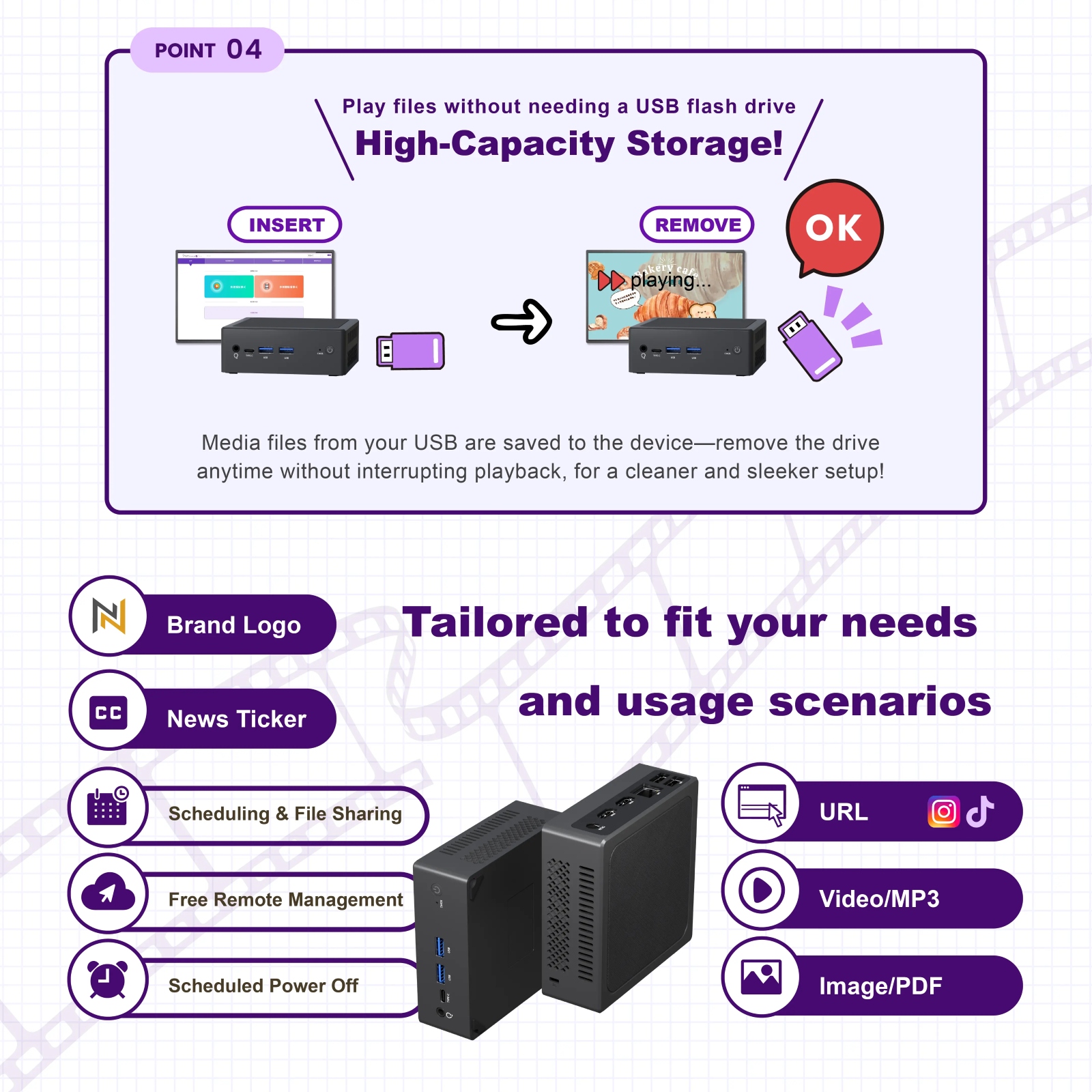 Play files without needing a USB flash drive. High-Capacity Storage!