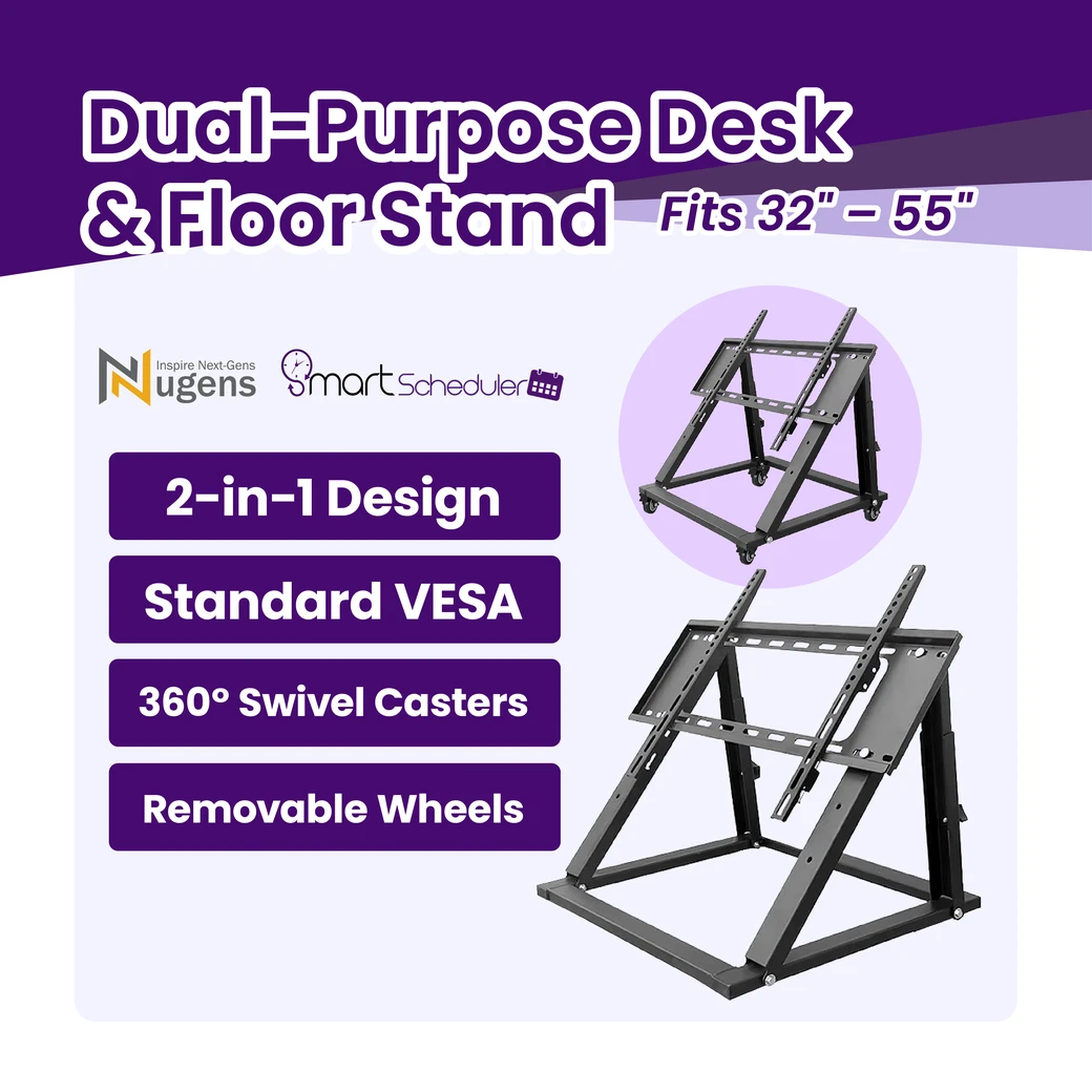 SmartScheduler SB-400 dual-purpose desk and floor stand for 32 to 55 inch digital signage screens, 2-in-1 design with standard VESA mounting, 360 degree swivel casters and removable wheels