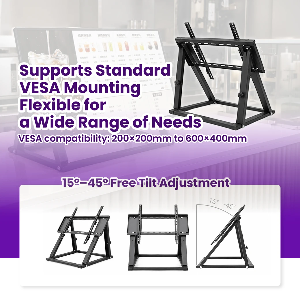 Supports standard VESA mounting from 200 x 200 mm to 600 x 400 mm with 15 to 45 degree free tilt adjustment