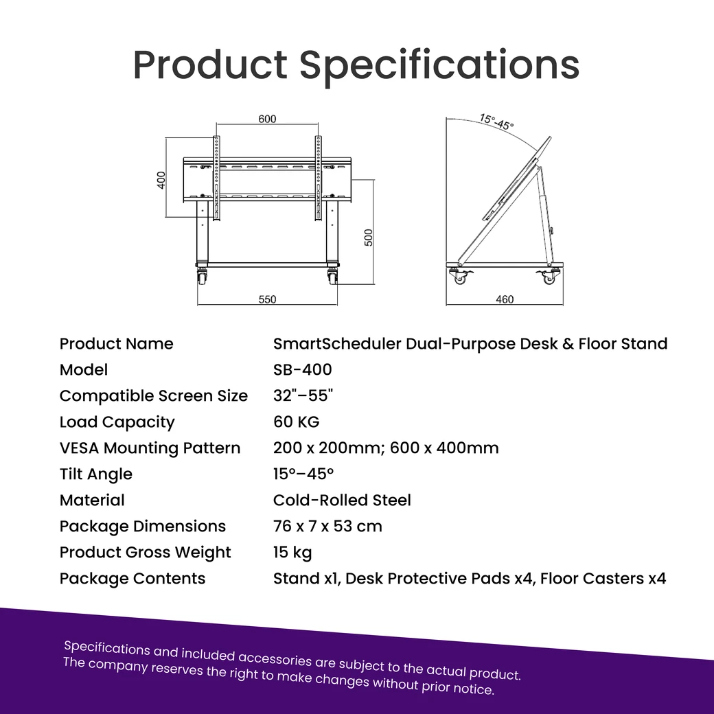 Product specifications: SmartScheduler SB-400 stand for 32 to 55 inch screens, 60 kg load capacity, cold-rolled steel, 15 kg gross weight, including stand x1, desk protective pads x4 and floor casters x4