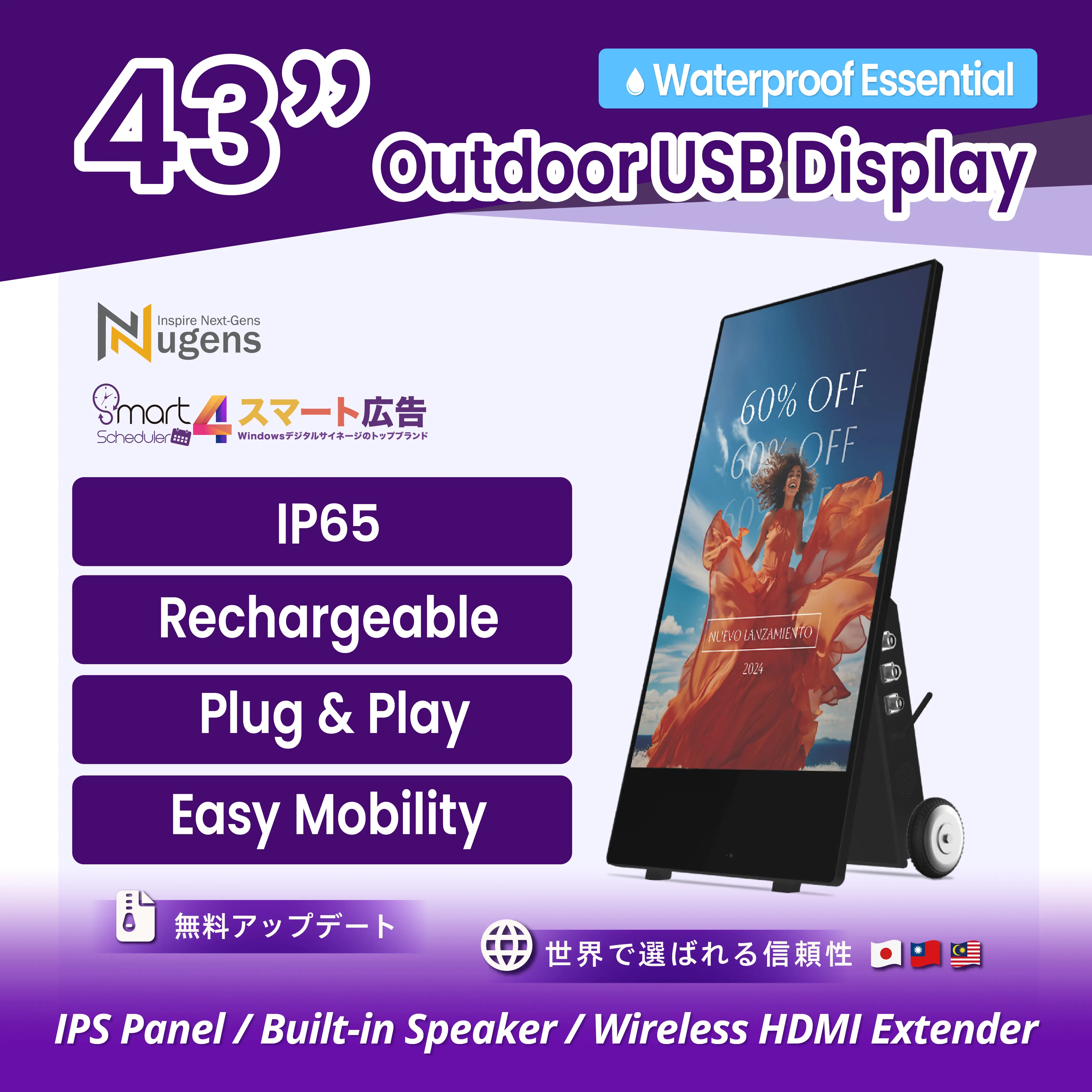 43 inch Battery Powered Waterproof Display