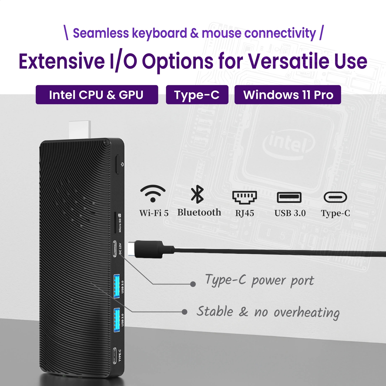 Seamless keyboard & mouse connectivity, Extensive I/O Options for Versatile Use